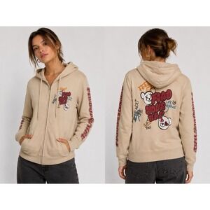 On Fire Womens Small Zip Hoodie Fear Love Bear Graphic Beige Fleece Y2K Street